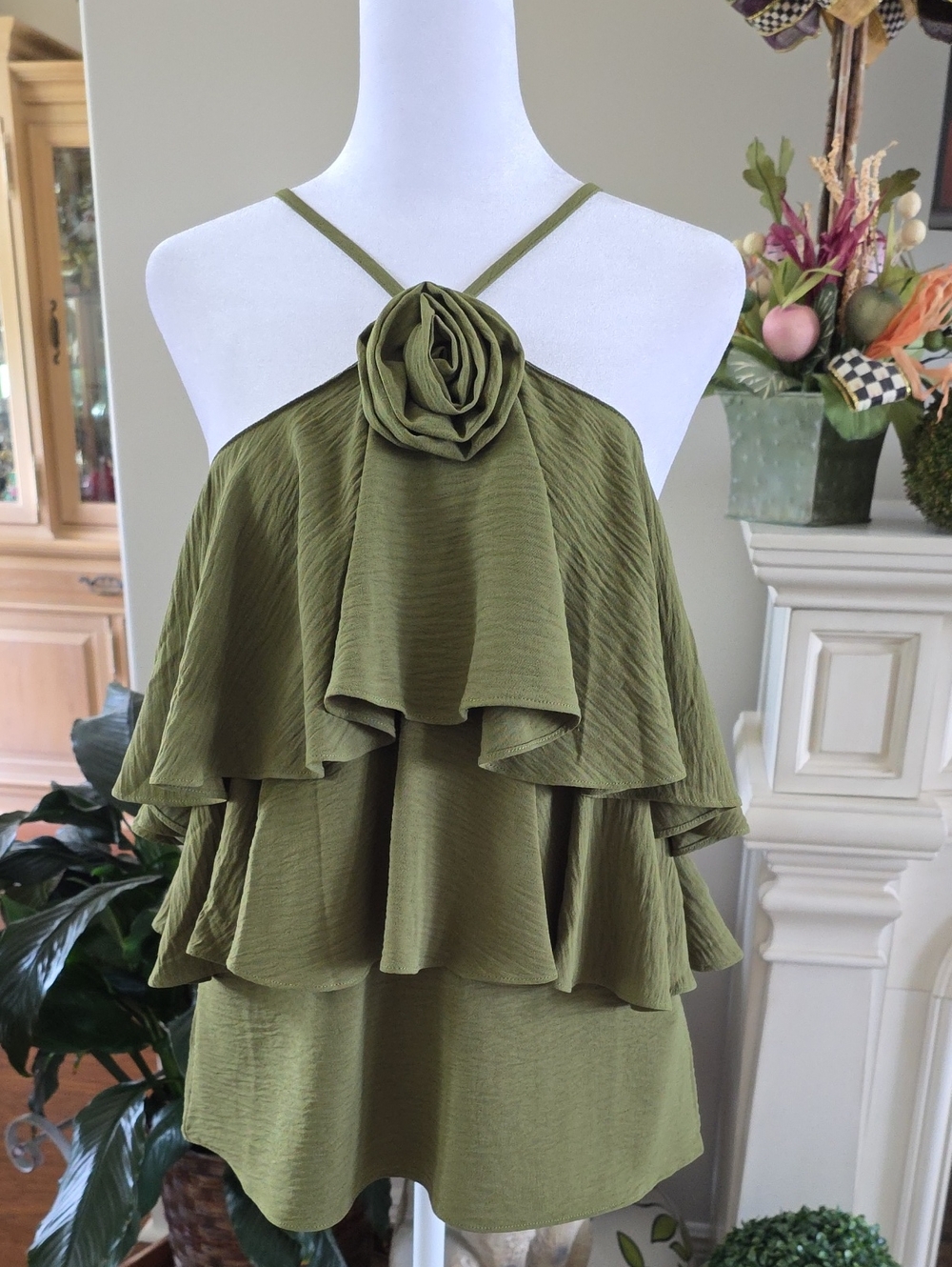 CeCe Olive Green Ruffle Halter Camisole with Rosette